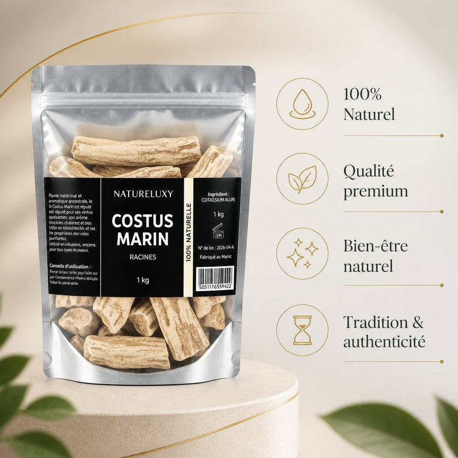 Costus Marin Brut 1kg - 100% Naturel - Natureluxy – infographie des bienfaits et des ingrédients clés