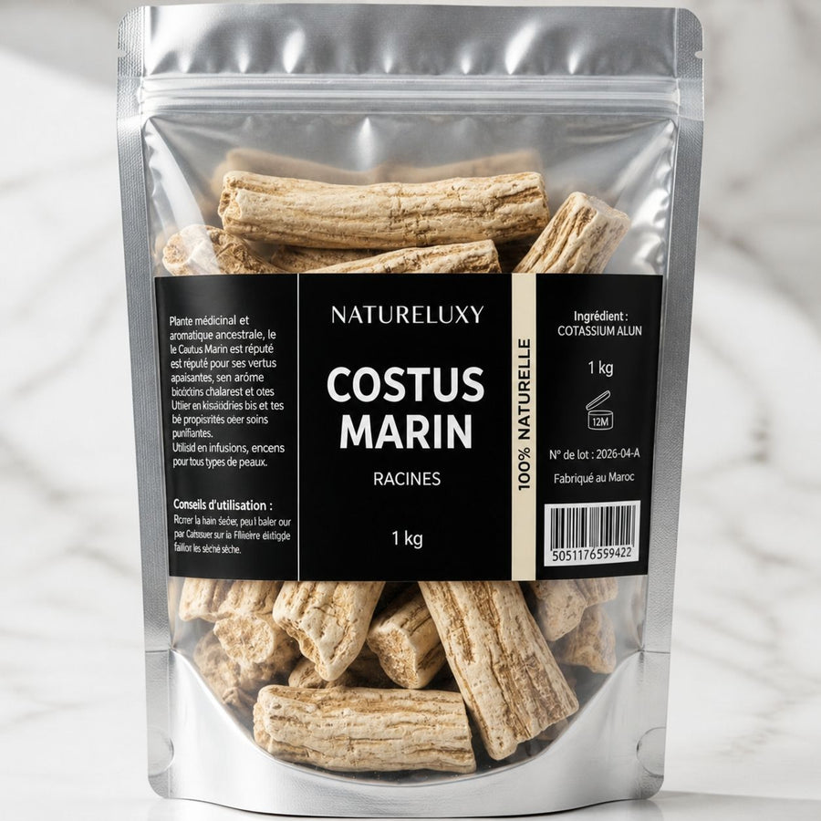 Costus Marin Brut 1kg - 100% Naturel - Natureluxy – gros plan sur les détails et la finition du packaging