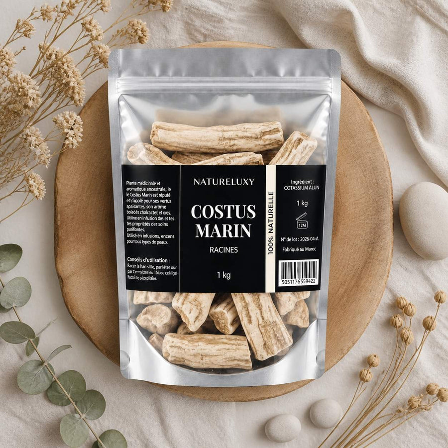 Costus Marin Brut 2X1Kg 100% Naturel Natureluxy – composition flat lay avec éléments naturels, vue du dessus