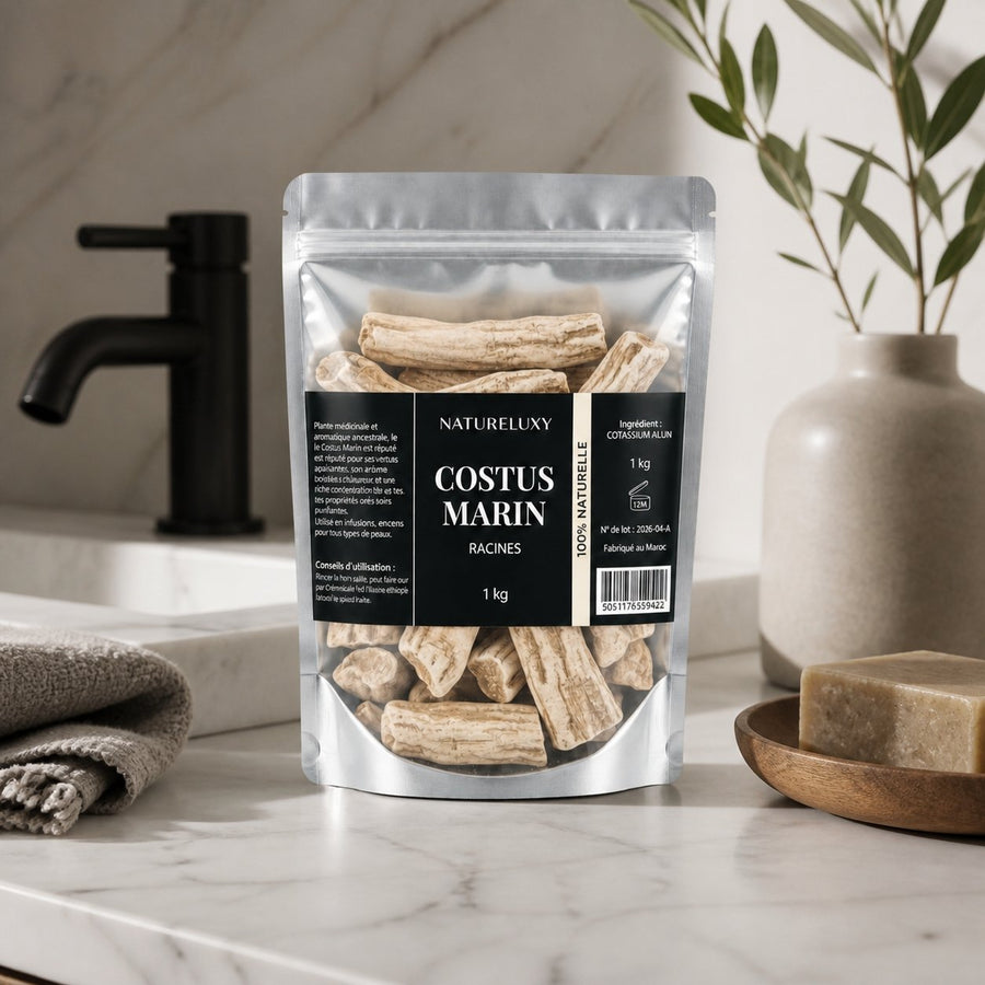 Costus Marin Brut 2X1Kg 100% Naturel Natureluxy – présentation du produit dans une salle de bain lumineuse et naturelle
