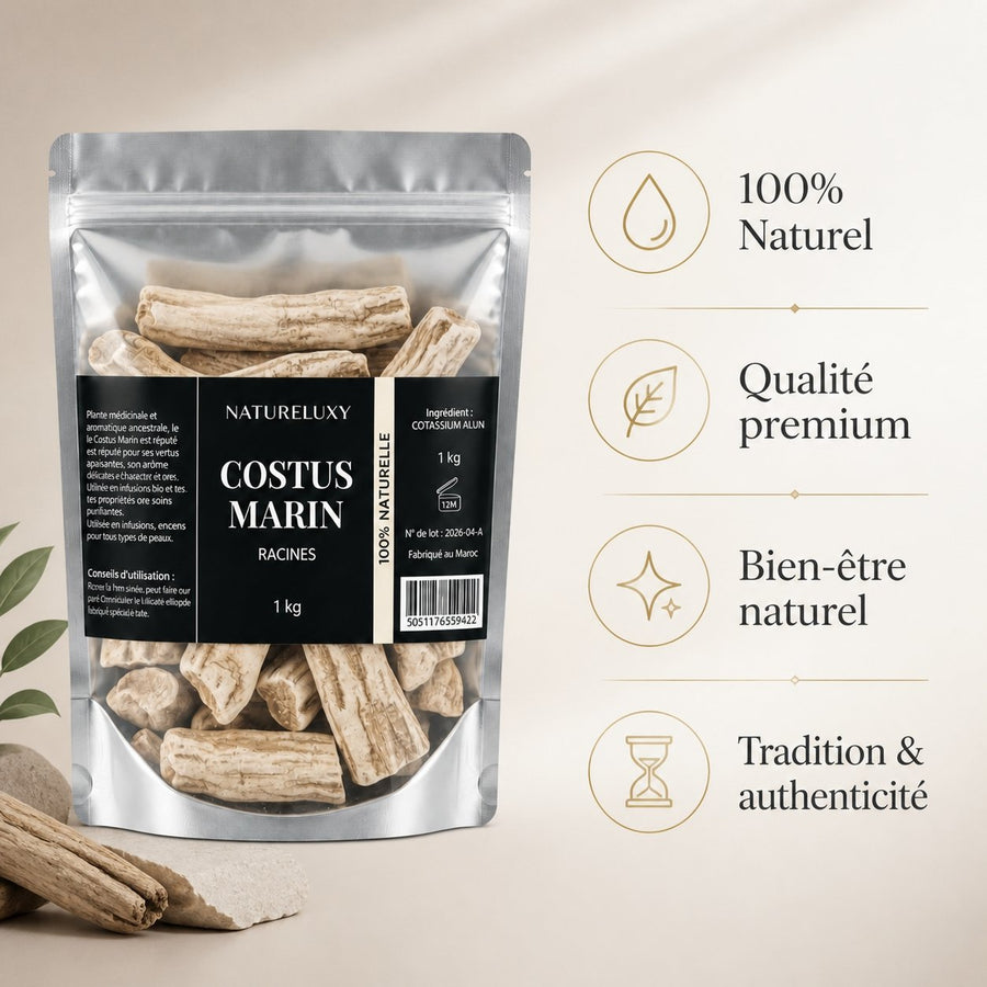 Costus Marin Brut 2X1Kg 100% Naturel Natureluxy – infographie des bienfaits et des ingrédients clés