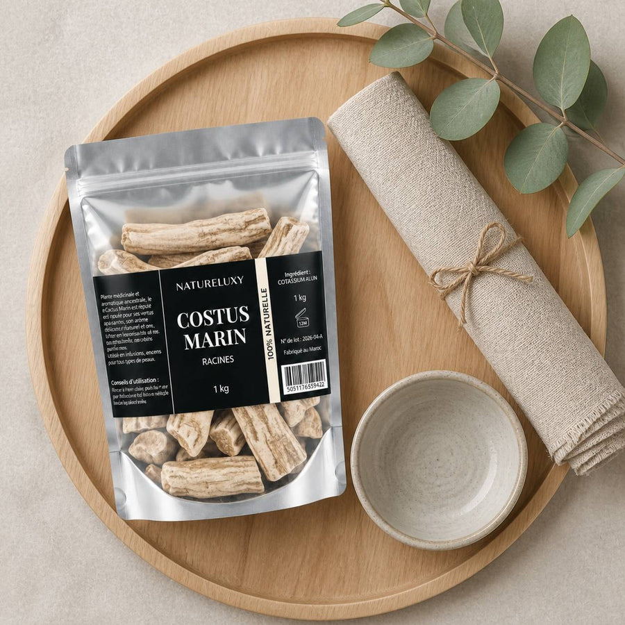 Costus Marin Brut 2X1Kg 100% Naturel Natureluxy – rituel d'utilisation vu du dessus, ambiance naturelle zen