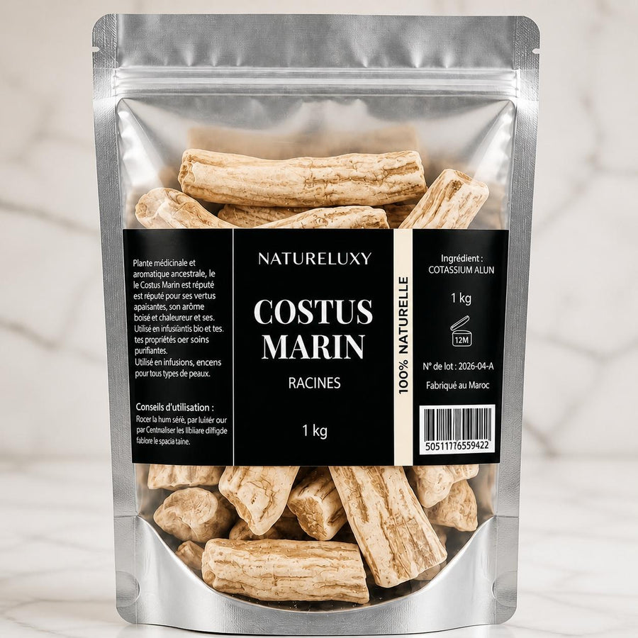 Costus Marin Brut 2X1Kg 100% Naturel Natureluxy – gros plan sur les détails et la finition du packaging