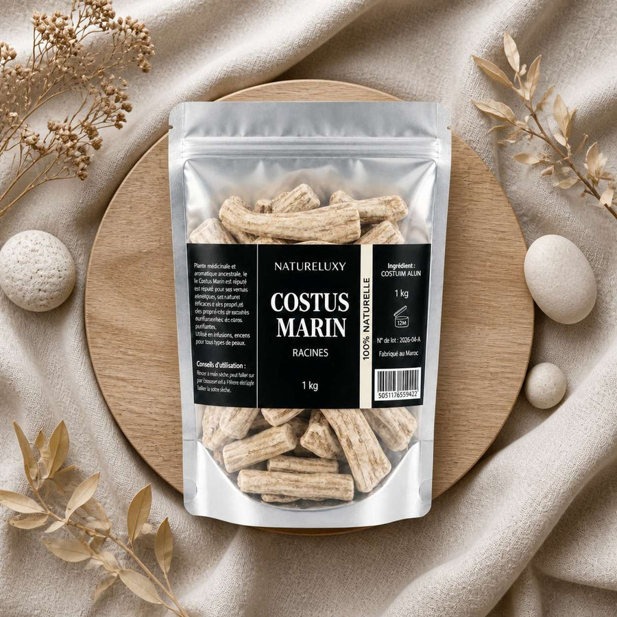 Costus Marin Brut 3X1Kg 100% Naturel Natureluxy – composition flat lay avec éléments naturels, vue du dessus