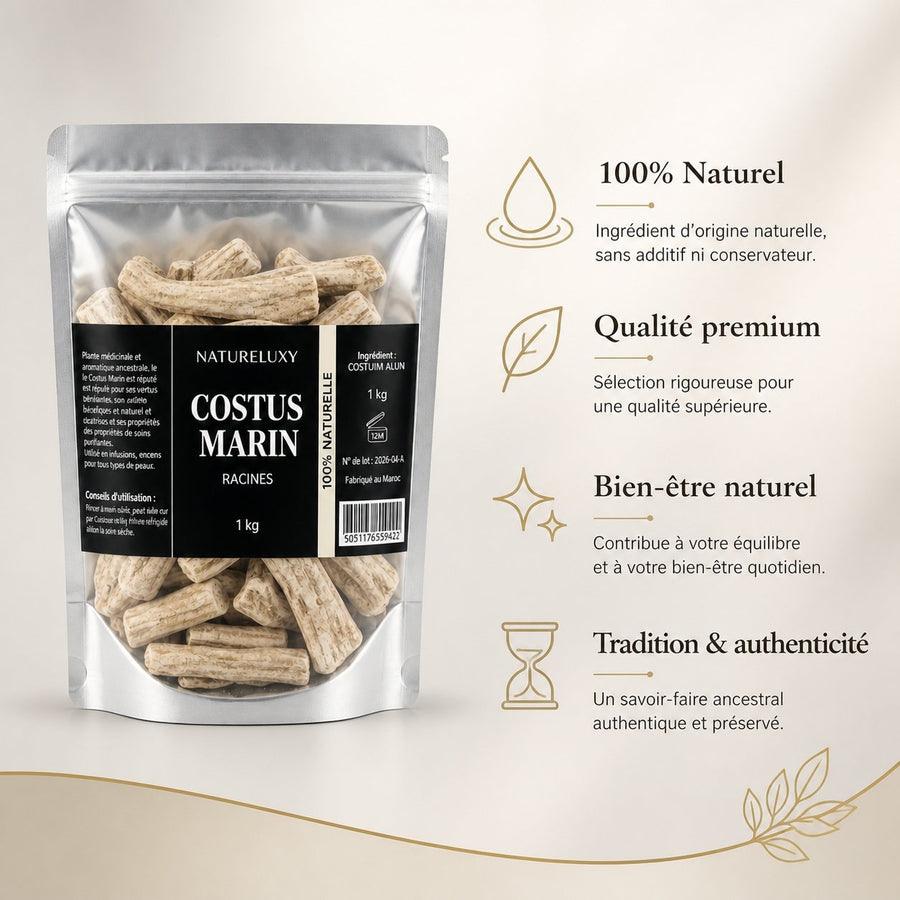 Costus Marin Brut 3X1Kg 100% Naturel Natureluxy – infographie des bienfaits et des ingrédients clés