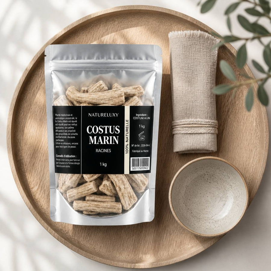 Costus Marin Brut 3X1Kg 100% Naturel Natureluxy – rituel d'utilisation vu du dessus, ambiance naturelle zen