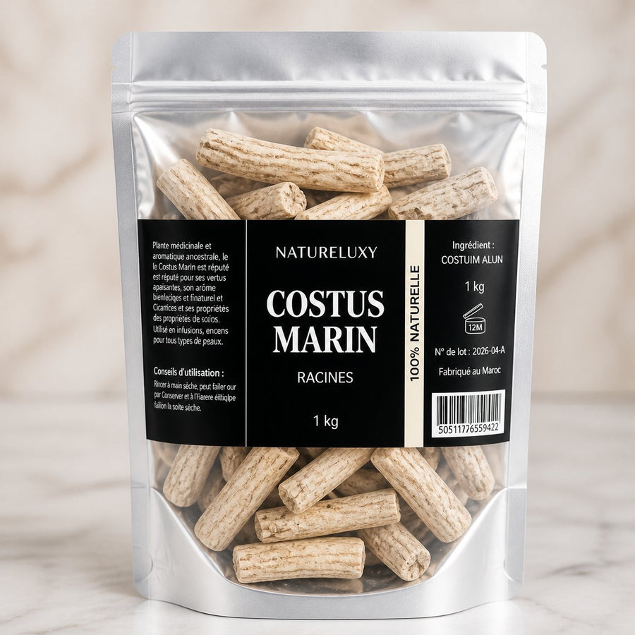 Costus Marin Brut 3X1Kg 100% Naturel Natureluxy – gros plan sur les détails et la finition du packaging