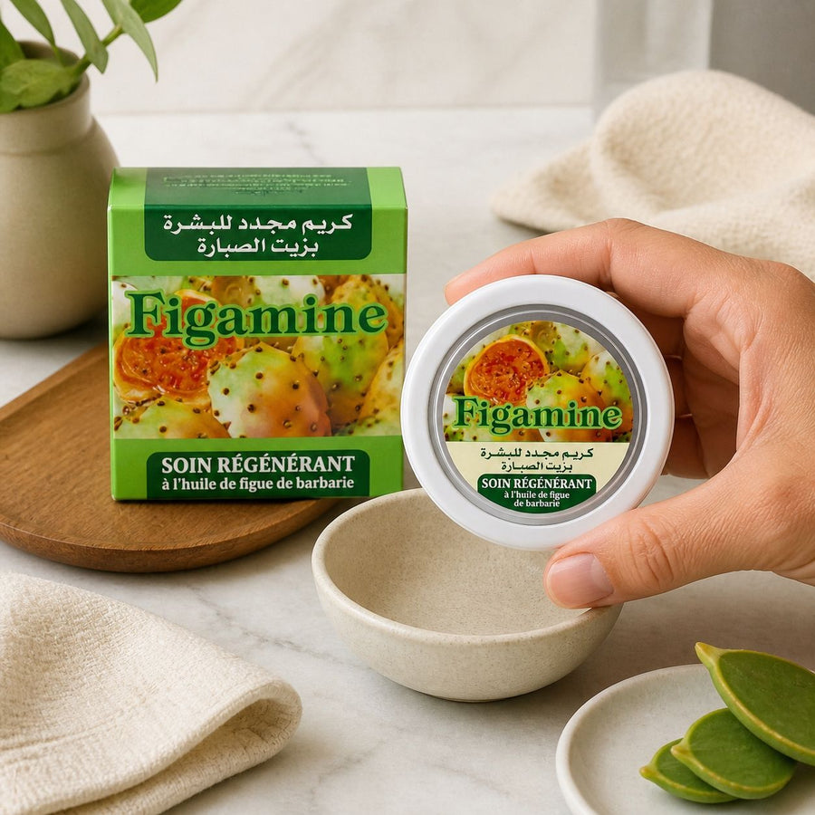 Crème à la figue de barbarie Figamine 100 ml – Soin régénérant visage, corps & mains – application en situation réelle, geste de soin quotidien