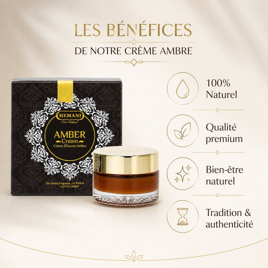 Crème Ambré pour le Corps Hemani 30 g - Crème Cosmétique Corps – infographie des bienfaits et des ingrédients clés