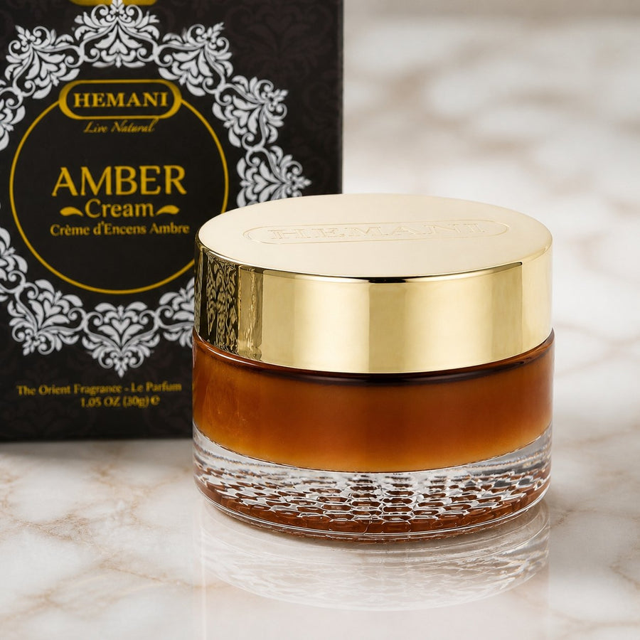 Crème Ambré pour le Corps Hemani 30 g - Crème Cosmétique Corps – gros plan sur les détails et la finition du packaging