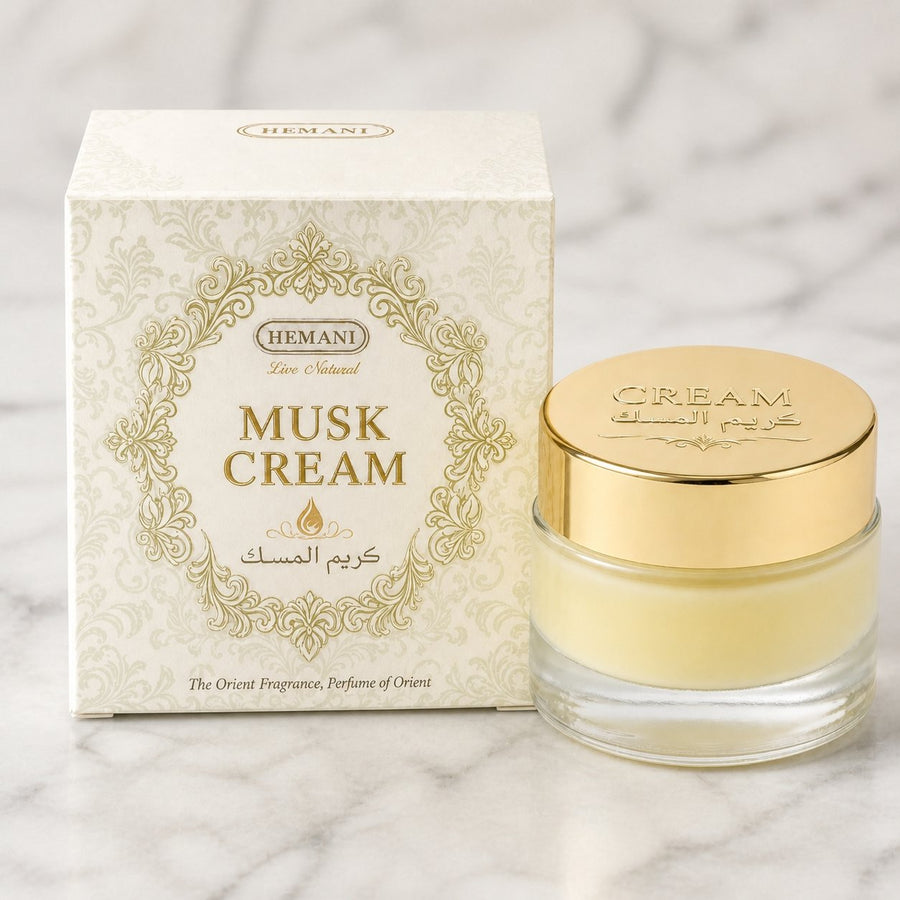 Crème de Musc pour le Corps - Hemani – gros plan sur les détails et la finition du packaging