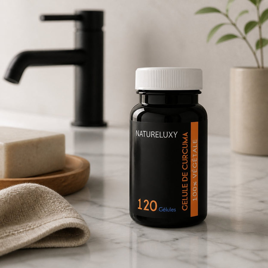Curcuma 120 Gélules 300 mg - Gélules Végétales – présentation du produit dans une salle de bain lumineuse et naturelle