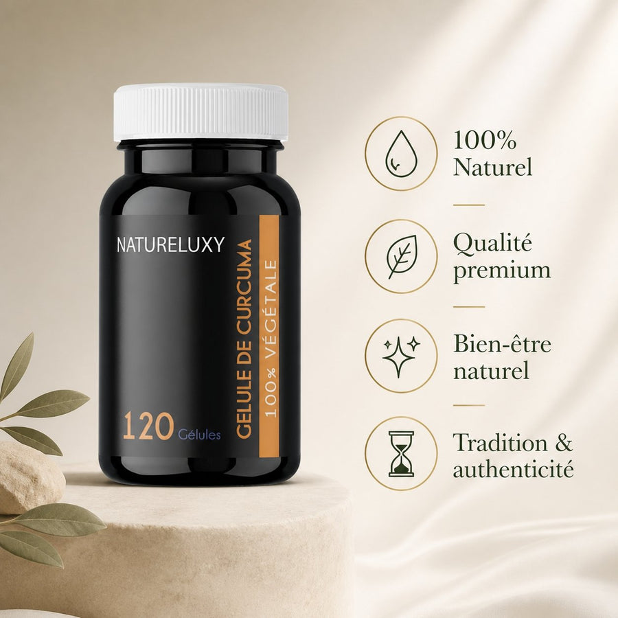 Curcuma 120 Gélules 300 mg - Gélules Végétales – infographie des bienfaits et des ingrédients clés