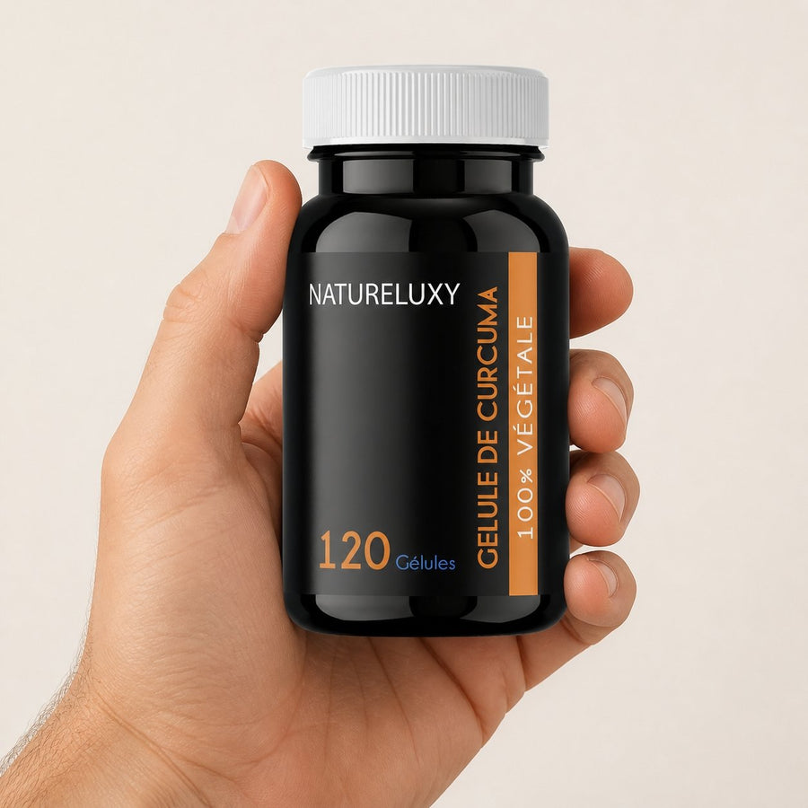 Curcuma 120 Gélules 300 mg - Gélules Végétales – taille et contenance réelles du produit en main