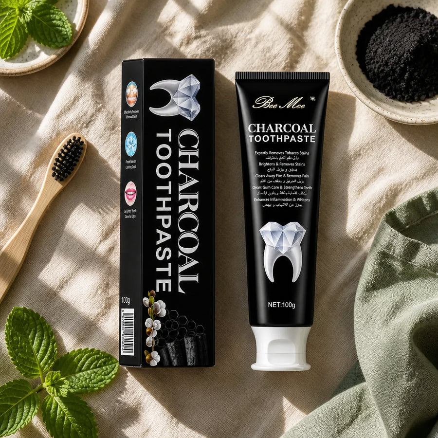 Dentifrice au Charbon 100 g - Sans Fluor Ajouté - ambiance flatlay vue du dessus, packaging d'origine