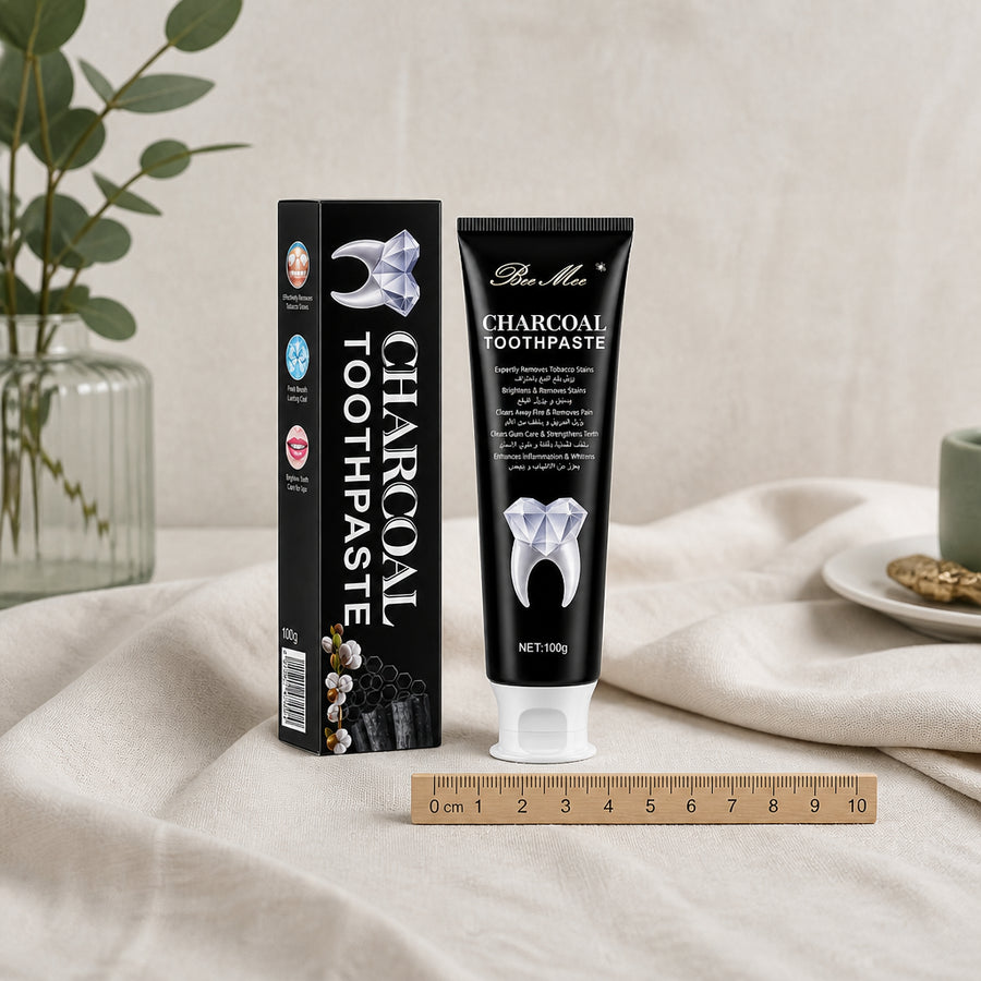 Dentifrice au Charbon 100 g - Sans Fluor Ajouté - référence échelle 10 cm avec règle en bois, packaging d'origine