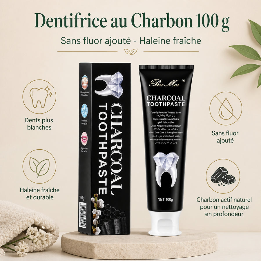 Dentifrice au Charbon 100 g - Sans Fluor Ajouté - infographie des bienfaits en français, packaging d'origine