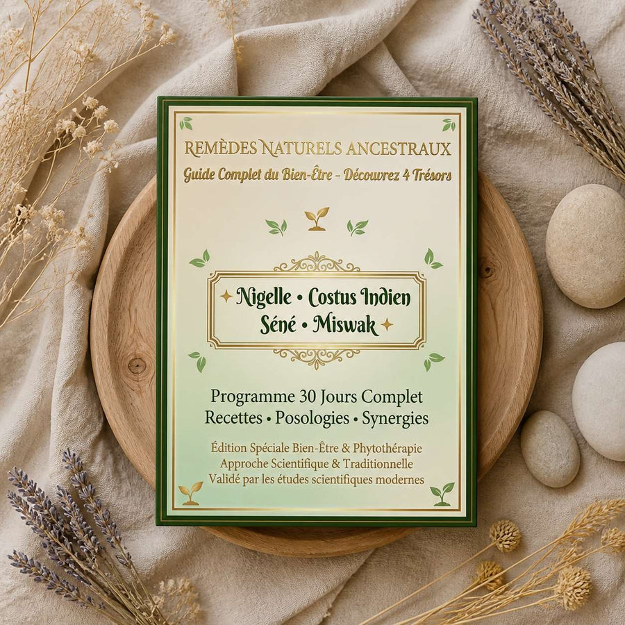 E-book - Pack Bien-être Naturel Complet | Nigelle + Costus + Séné + 5 Miswak | – composition flat lay avec éléments naturels, vue du dessus