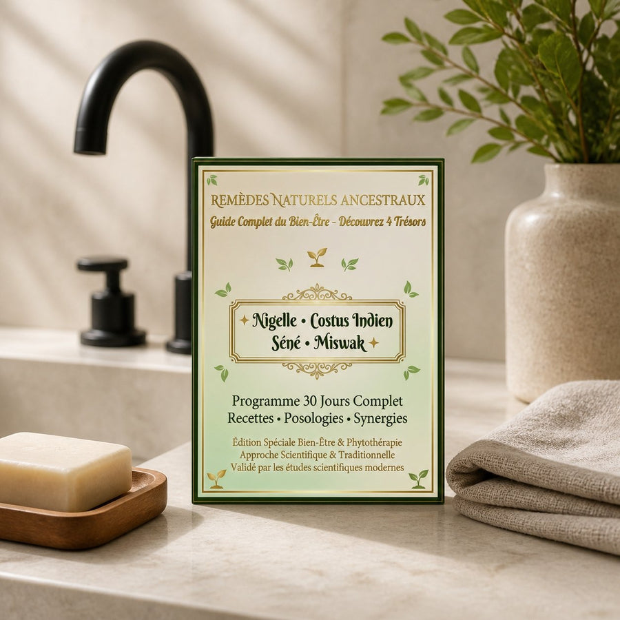 E-book - Pack Bien-être Naturel Complet | Nigelle + Costus + Séné + 5 Miswak | – présentation du produit dans une salle de bain lumineuse et naturelle
