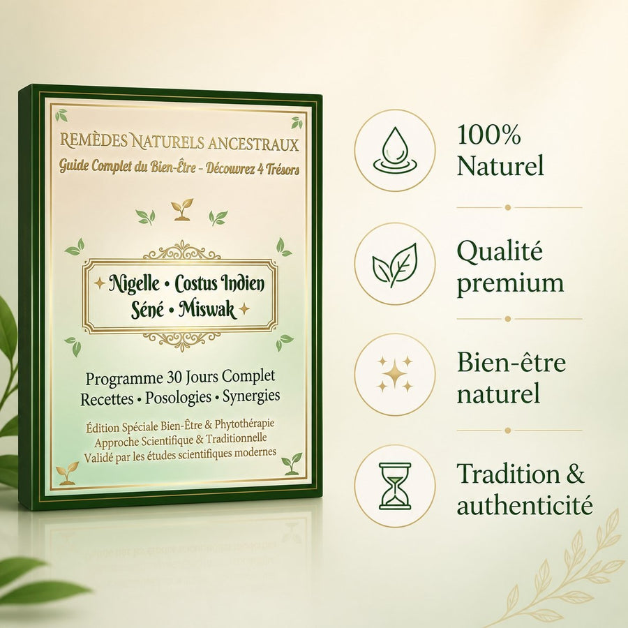 E-book - Pack Bien-être Naturel Complet | Nigelle + Costus + Séné + 5 Miswak | – infographie des bienfaits et des ingrédients clés