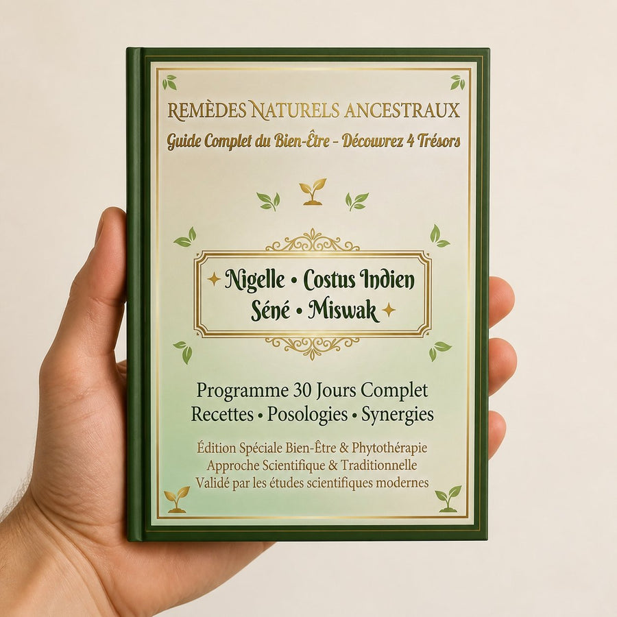 E-book - Pack Bien-être Naturel Complet | Nigelle + Costus + Séné + 5 Miswak | – taille et contenance réelles du produit en main
