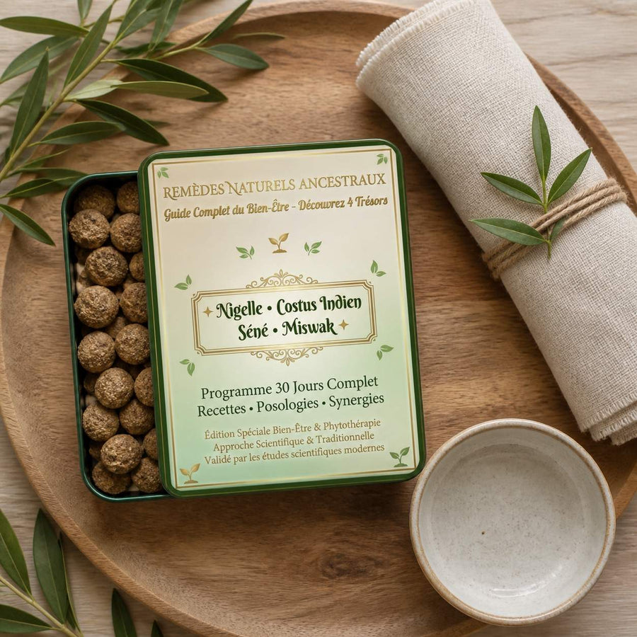 E-book - Pack Bien-être Naturel Complet | Nigelle + Costus + Séné + 5 Miswak | – rituel d'utilisation vu du dessus, ambiance naturelle zen