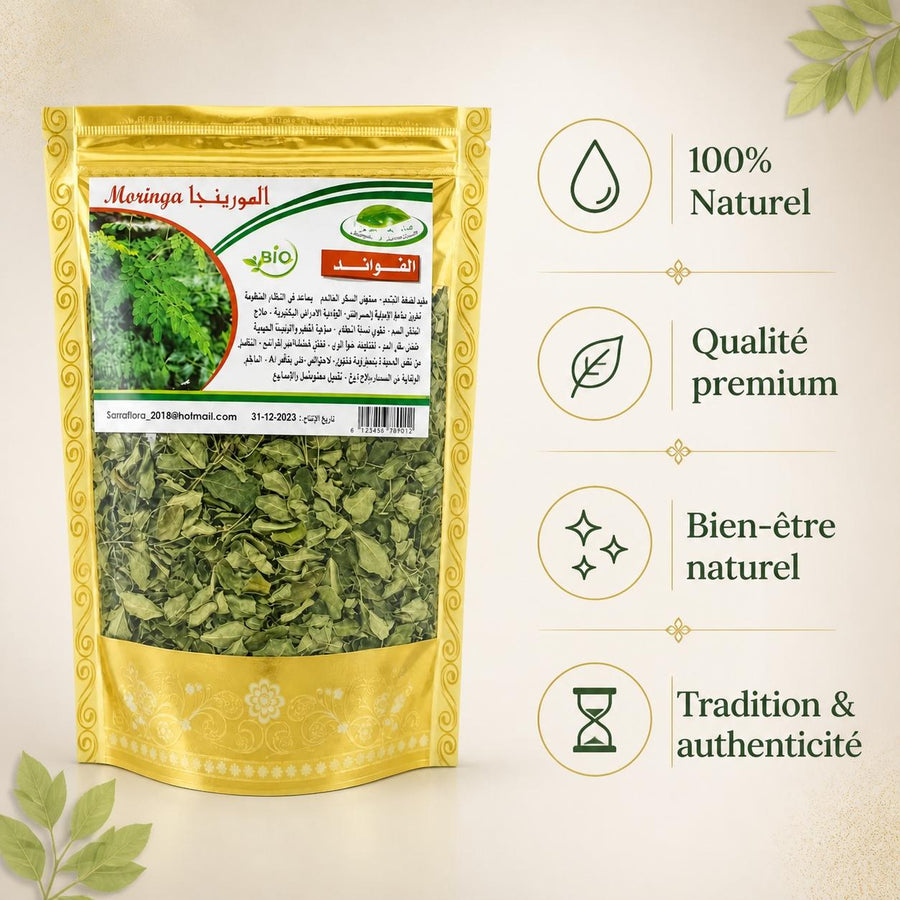 Infusion Moringa - Feuille de Moringa séchés - 40g – infographie des bienfaits et des ingrédients clés