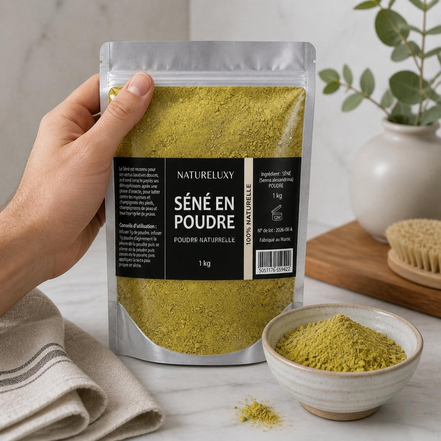 Feuilles de Séné en poudre (Sana Makki) 1 kg – 100% Naturel – application en situation réelle, geste de soin quotidien