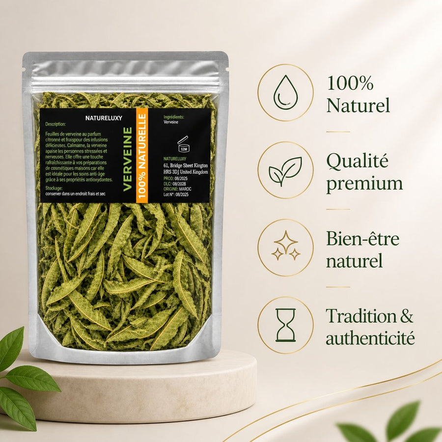 Feuilles de Verveine séchées 50g naturelles – infographie des bienfaits et des ingrédients clés