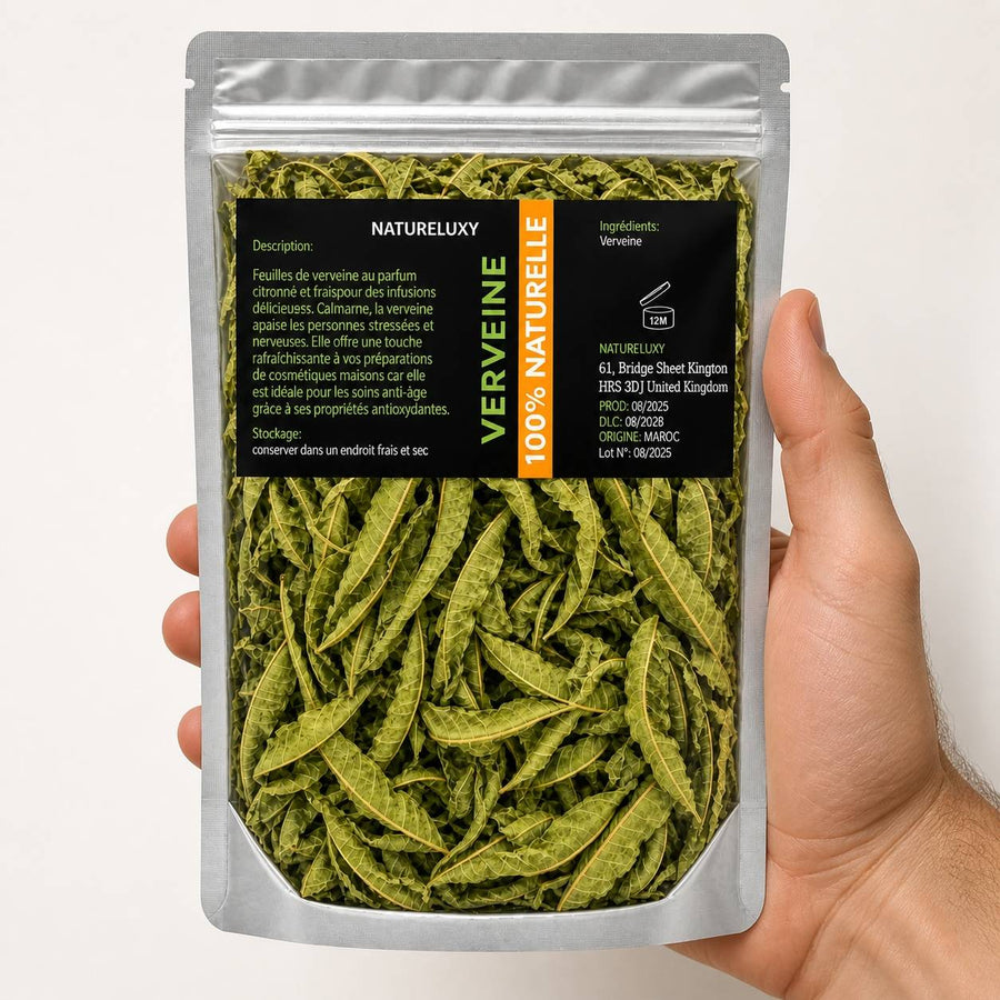 Feuilles de Verveine séchées 50g naturelles – taille et contenance réelles du produit en main