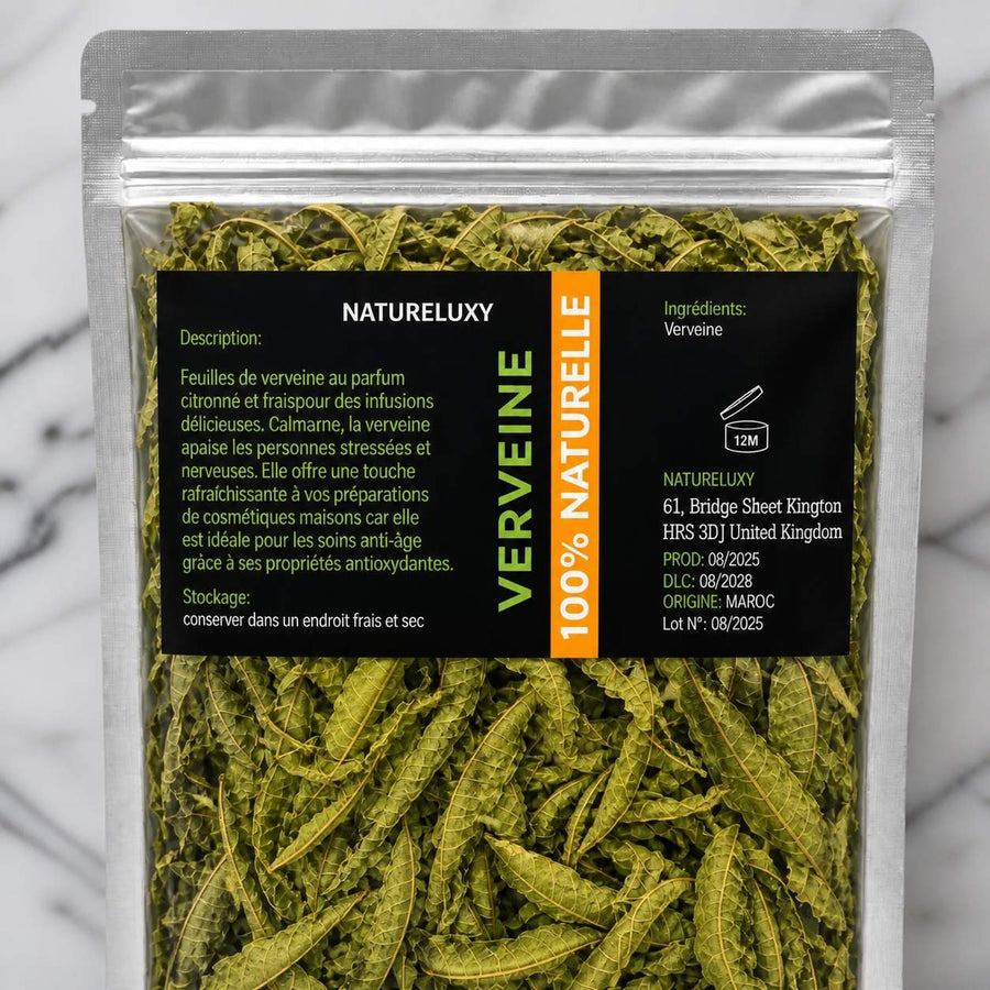 Feuilles de Verveine séchées 50g naturelles – gros plan sur les détails et la finition du packaging