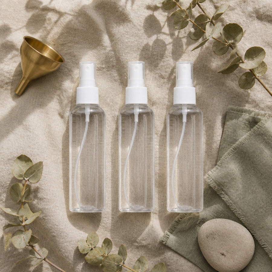 3 Flacons Vaporisateur 30ml Vide Sac Atomiseur de Poche Spray Plastique - ambiance flatlay vue du dessus, packaging d'origine