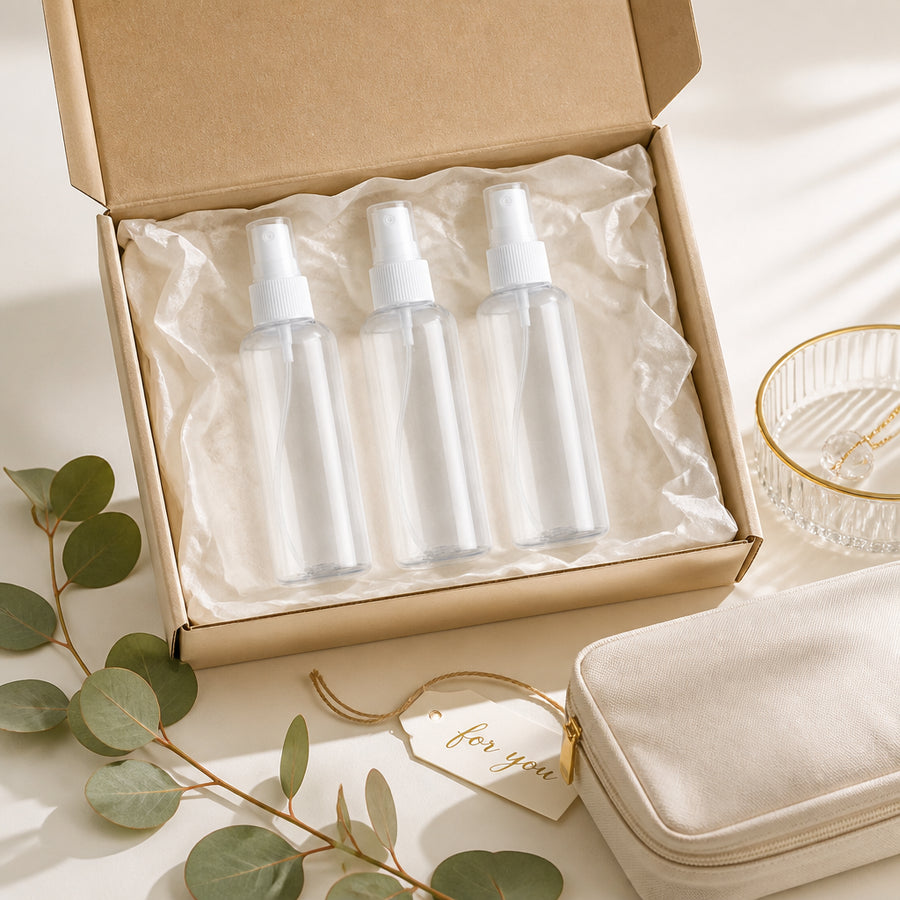 3 Flacons Vaporisateur 30ml Vide Sac Atomiseur de Poche Spray Plastique - coffret packaging cadeau premium, packaging d'origine