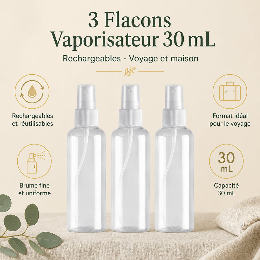 3 Flacons Vaporisateur 30ml Vide Sac Atomiseur de Poche Spray Plastique - infographie des bienfaits en français, packaging d'origine