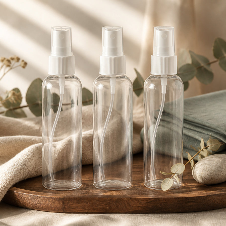 3 Flacons Vaporisateur 30ml Vide Sac Atomiseur de Poche Spray Plastique - ambiance lifestyle éditoriale plateau noyer et lin, packaging d'origine