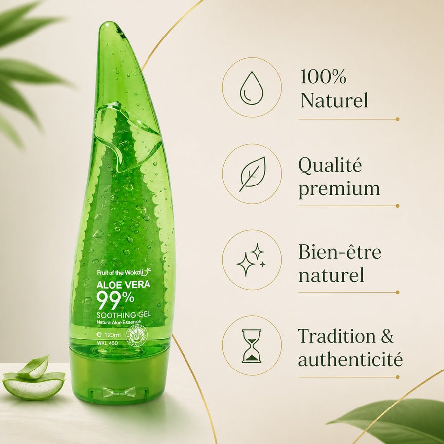Gel d’Aloé Vera 120 mL — Format Pratique – infographie des bienfaits et des ingrédients clés