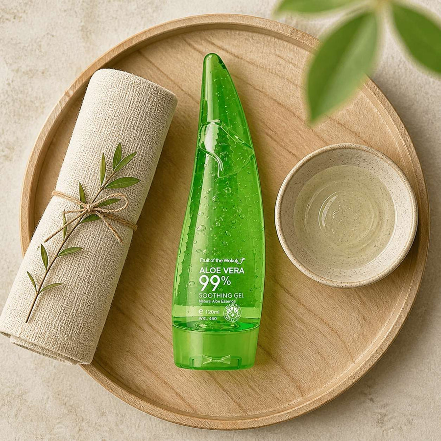 Gel d’Aloé Vera 120 mL — Format Pratique – rituel d'utilisation vu du dessus, ambiance naturelle zen