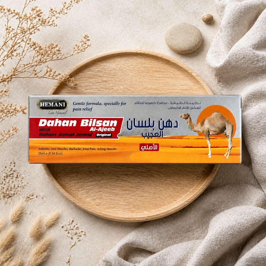 Gel de massage Bilsan Hemani – composition flat lay avec éléments naturels, vue du dessus