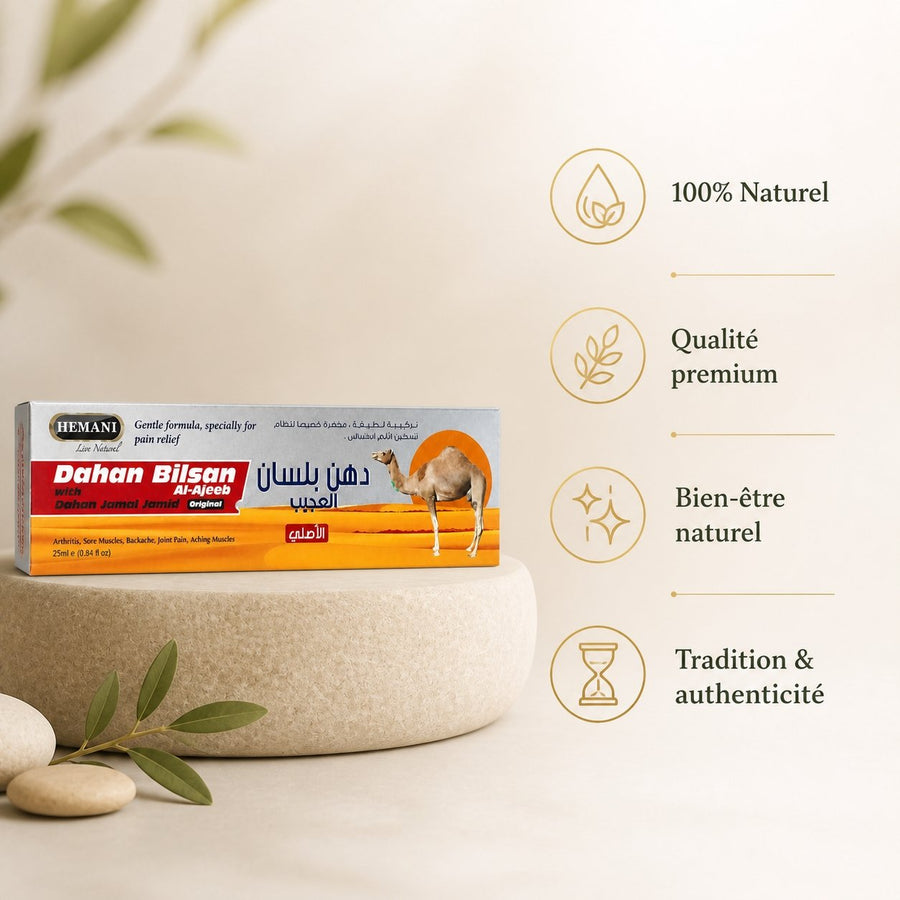 Gel de massage Bilsan Hemani – infographie des bienfaits et des ingrédients clés