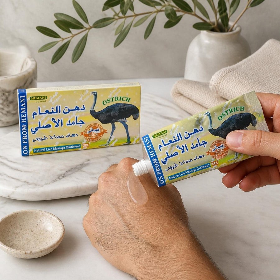 Hemani Gel de Massage à l'Huile d'Autruche 60 g – Cou, Dos, Épaules, Jambes – Usage Externe – application en situation réelle, geste de soin quotidien