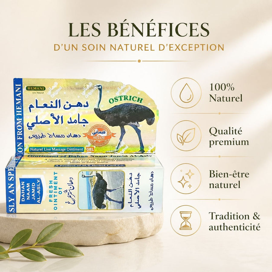 Hemani Gel de Massage à l'Huile d'Autruche 60 g – Cou, Dos, Épaules, Jambes – Usage Externe – infographie des bienfaits et des ingrédients clés