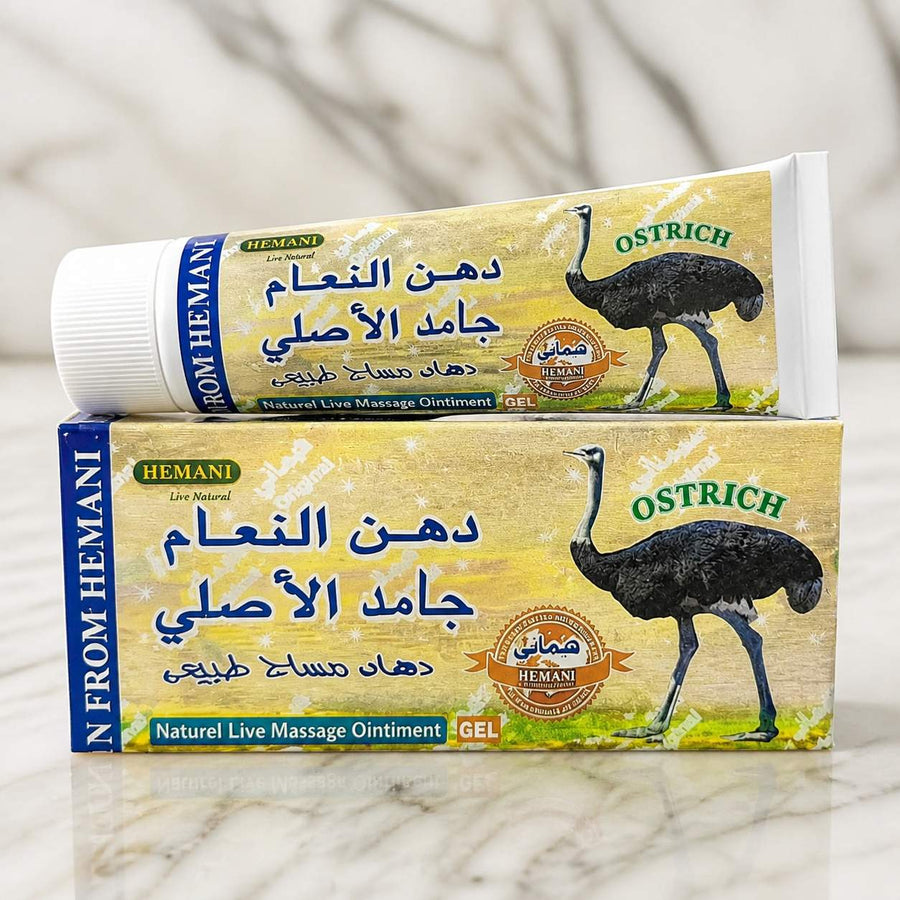 Hemani Gel de Massage à l'Huile d'Autruche 60 g – Cou, Dos, Épaules, Jambes – Usage Externe – gros plan sur les détails et la finition du packaging