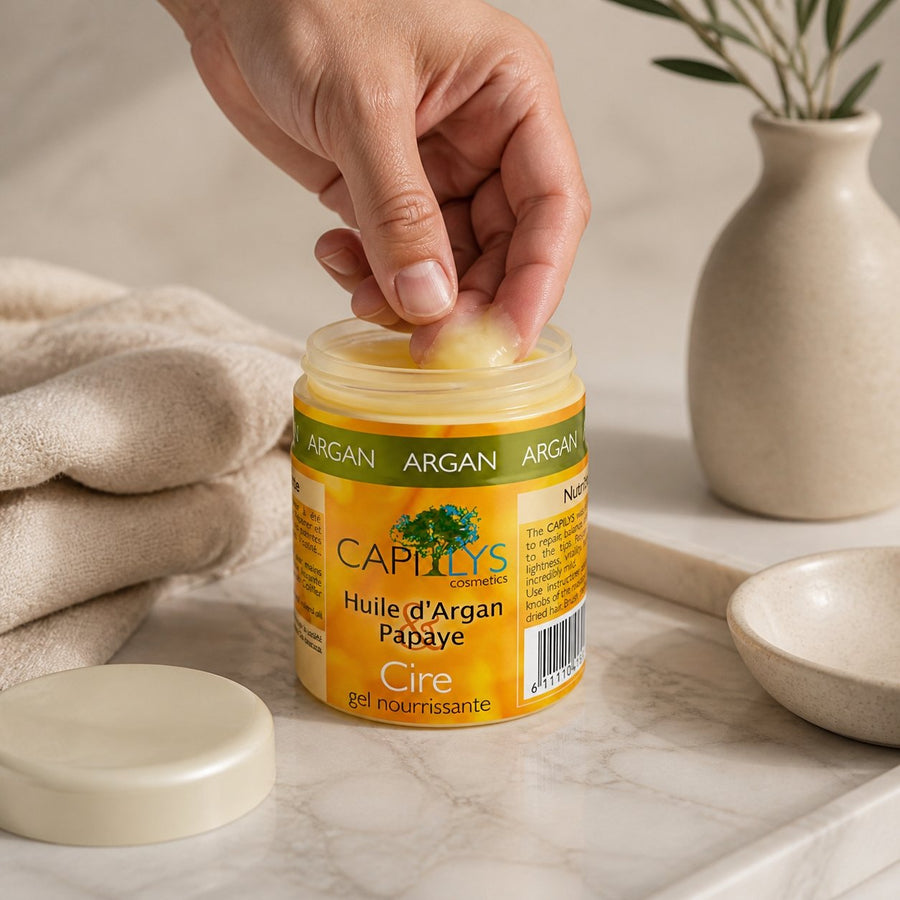 Gel Nourrissant Argan & Papaye Capilys — Cire Gel Capillaire – application en situation réelle, geste de soin quotidien