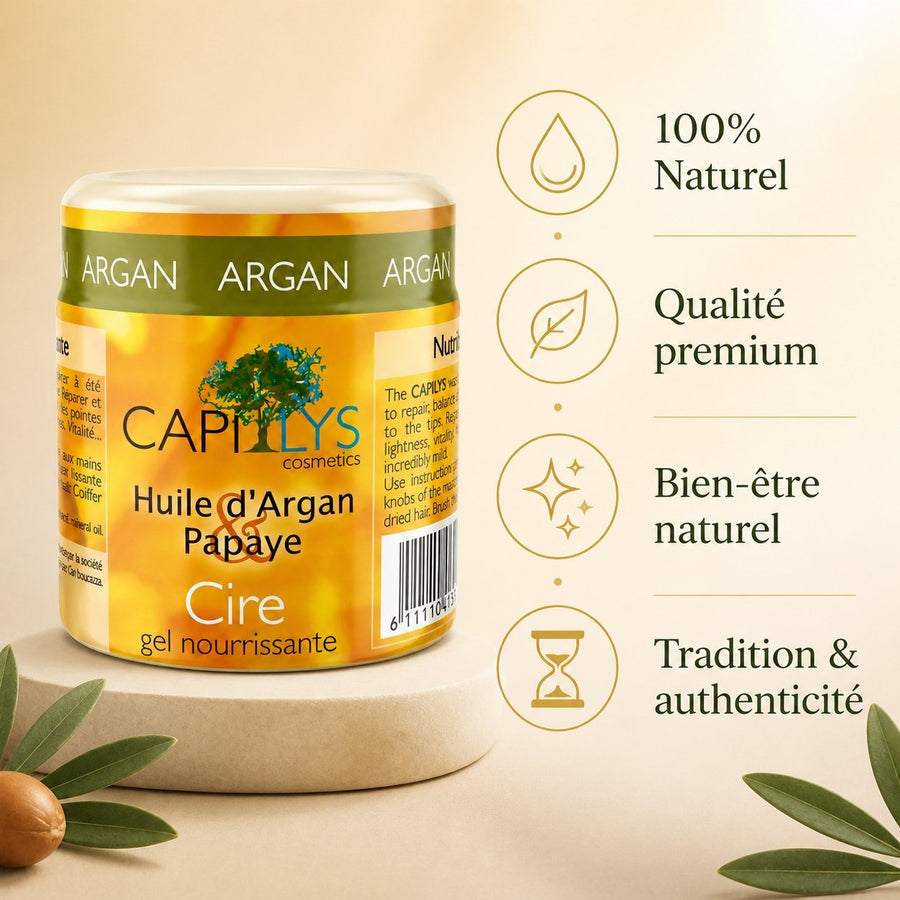 Gel Nourrissant Argan & Papaye Capilys — Cire Gel Capillaire – infographie des bienfaits et des ingrédients clés