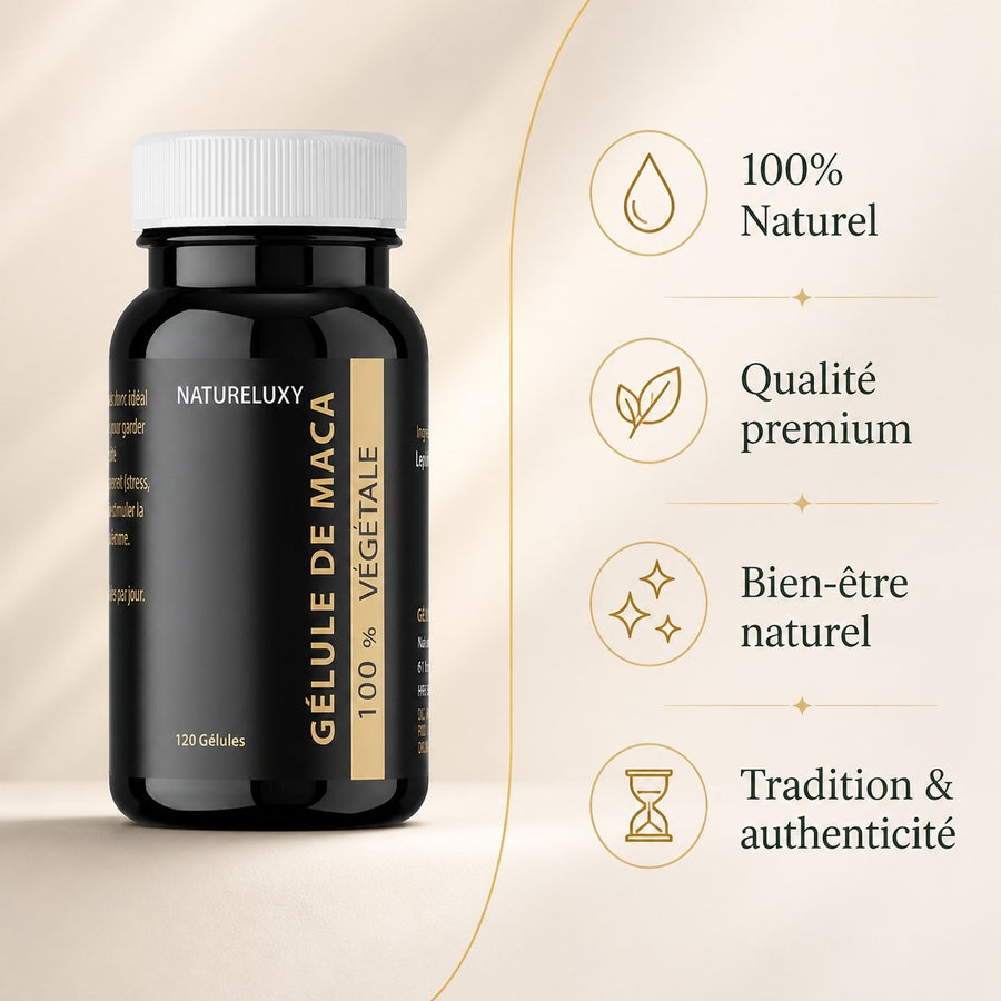 Gélules de Maca 120 gélules 300 mg – infographie des bienfaits et des ingrédients clés