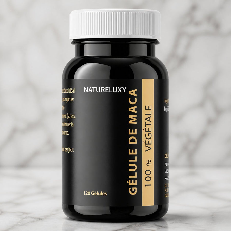 Gélules de Maca 120 gélules 300 mg – gros plan sur les détails et la finition du packaging