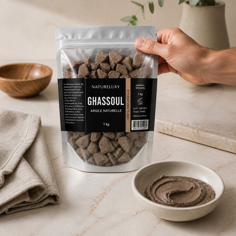 1kg Ghassoul du Maroc en vrac – application en situation réelle, geste de soin quotidien
