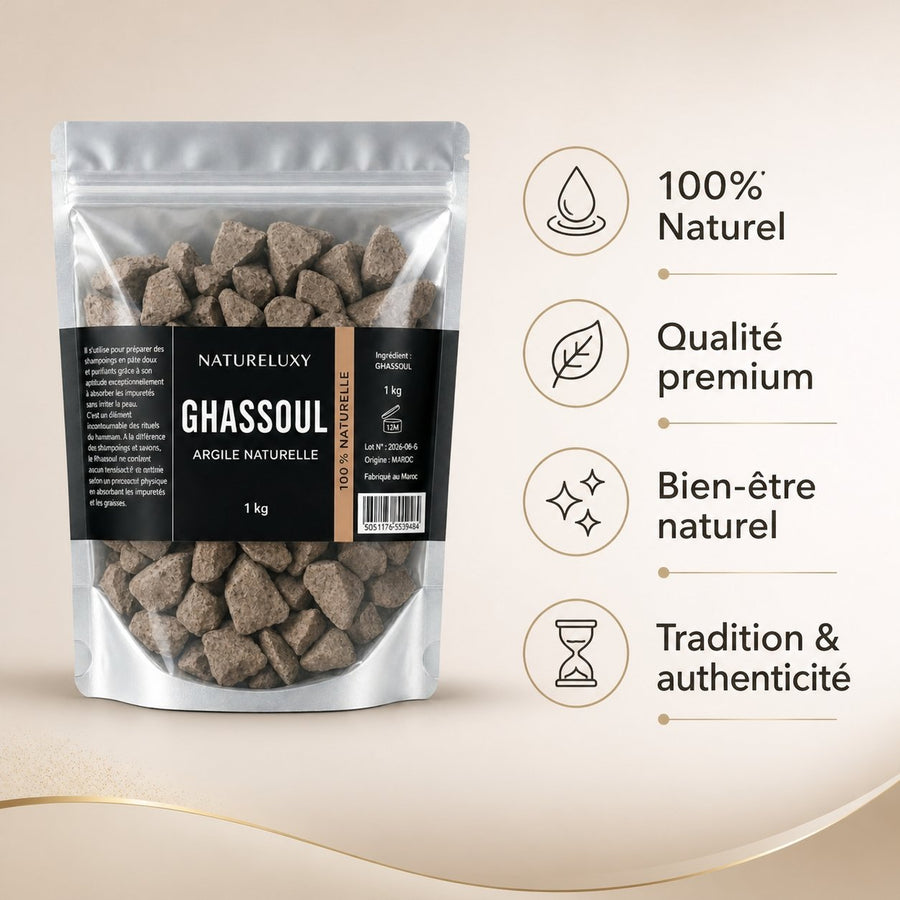 1kg Ghassoul du Maroc en vrac – infographie des bienfaits et des ingrédients clés
