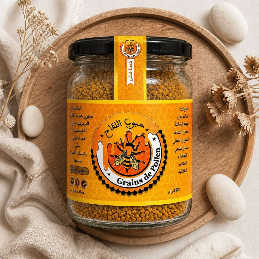 Grain de Pollen de Fleurs séchés -90g – composition flat lay avec éléments naturels, vue du dessus