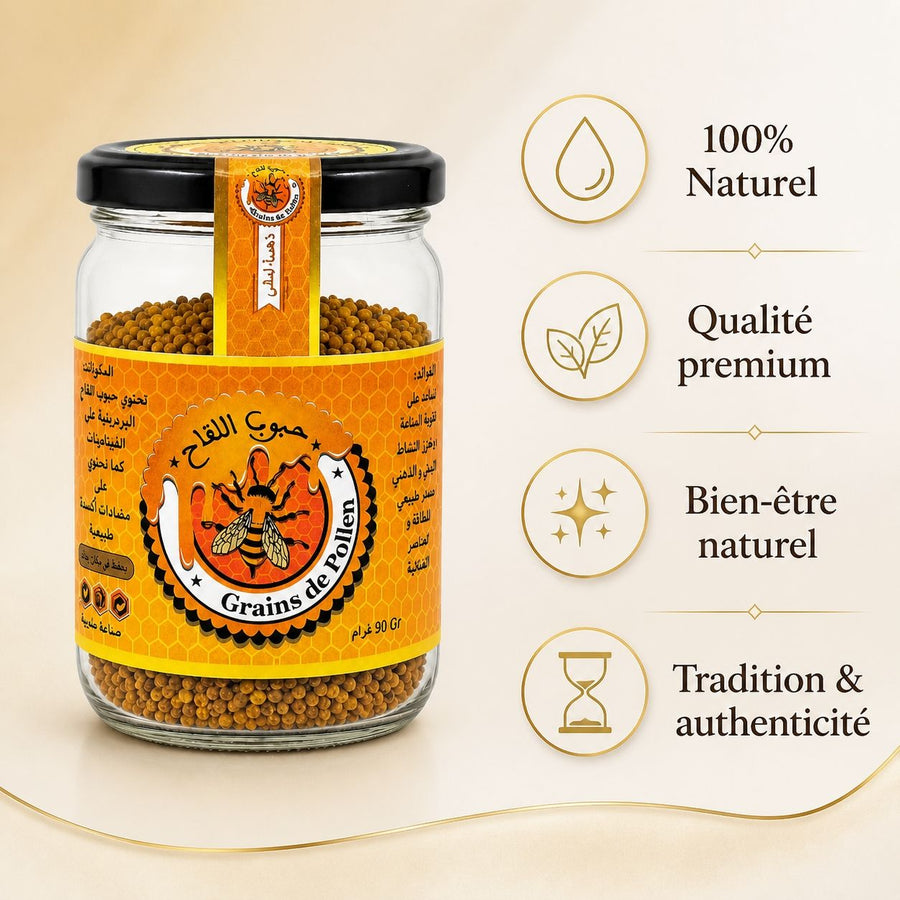 Grain de Pollen de Fleurs séchés -90g – infographie des bienfaits et des ingrédients clés